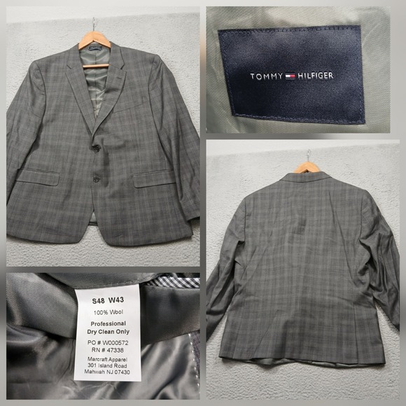Tommy Hilfiger Men's Blazer 48S Gray Plaid 100% Wool Two Button Jacket